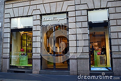 Salvatore Ferragamo storefront and entrance in the fashion district of Milan Editorial Stock Photo